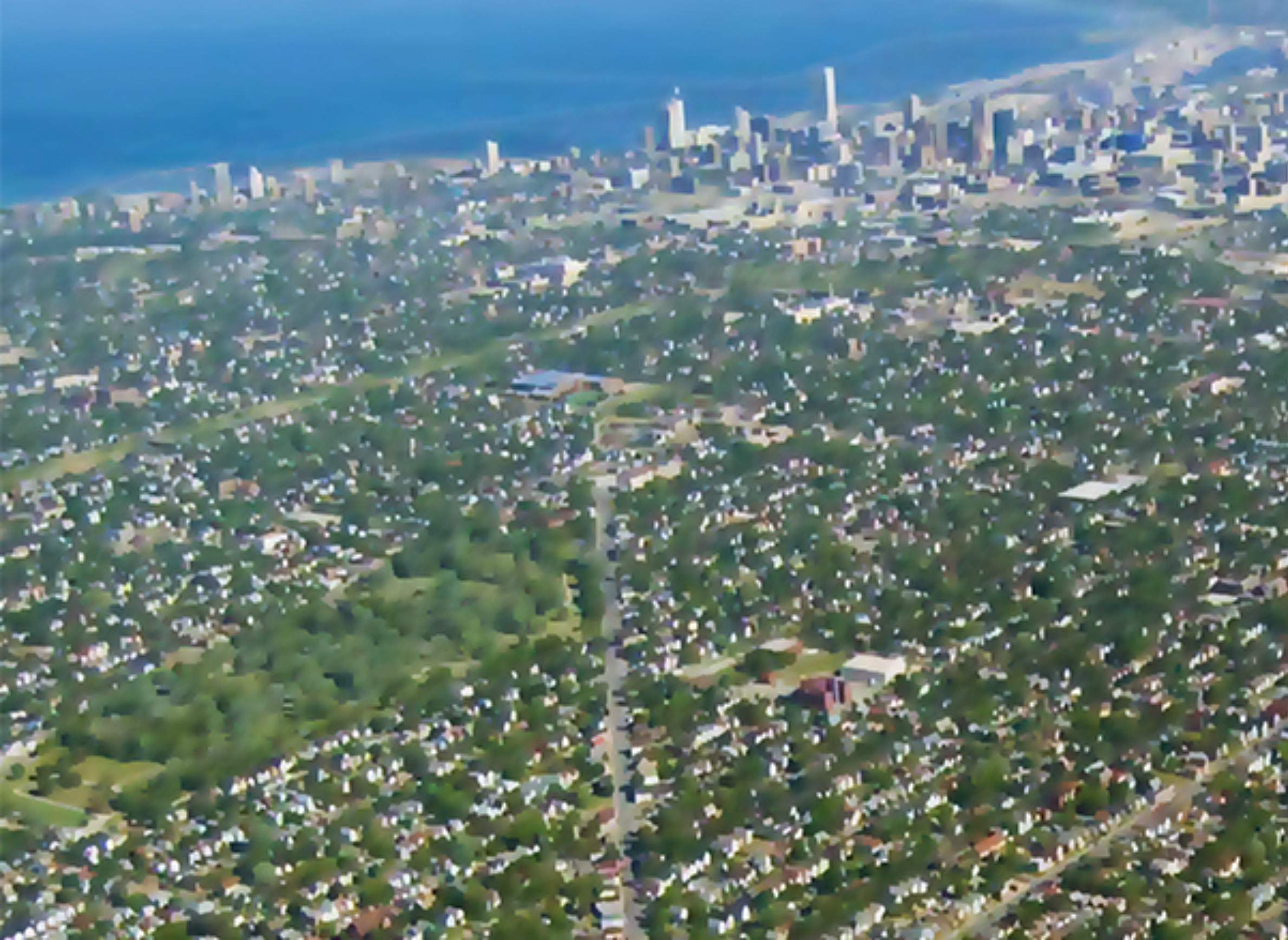 Aerial view of Milwaukee, looking southeast