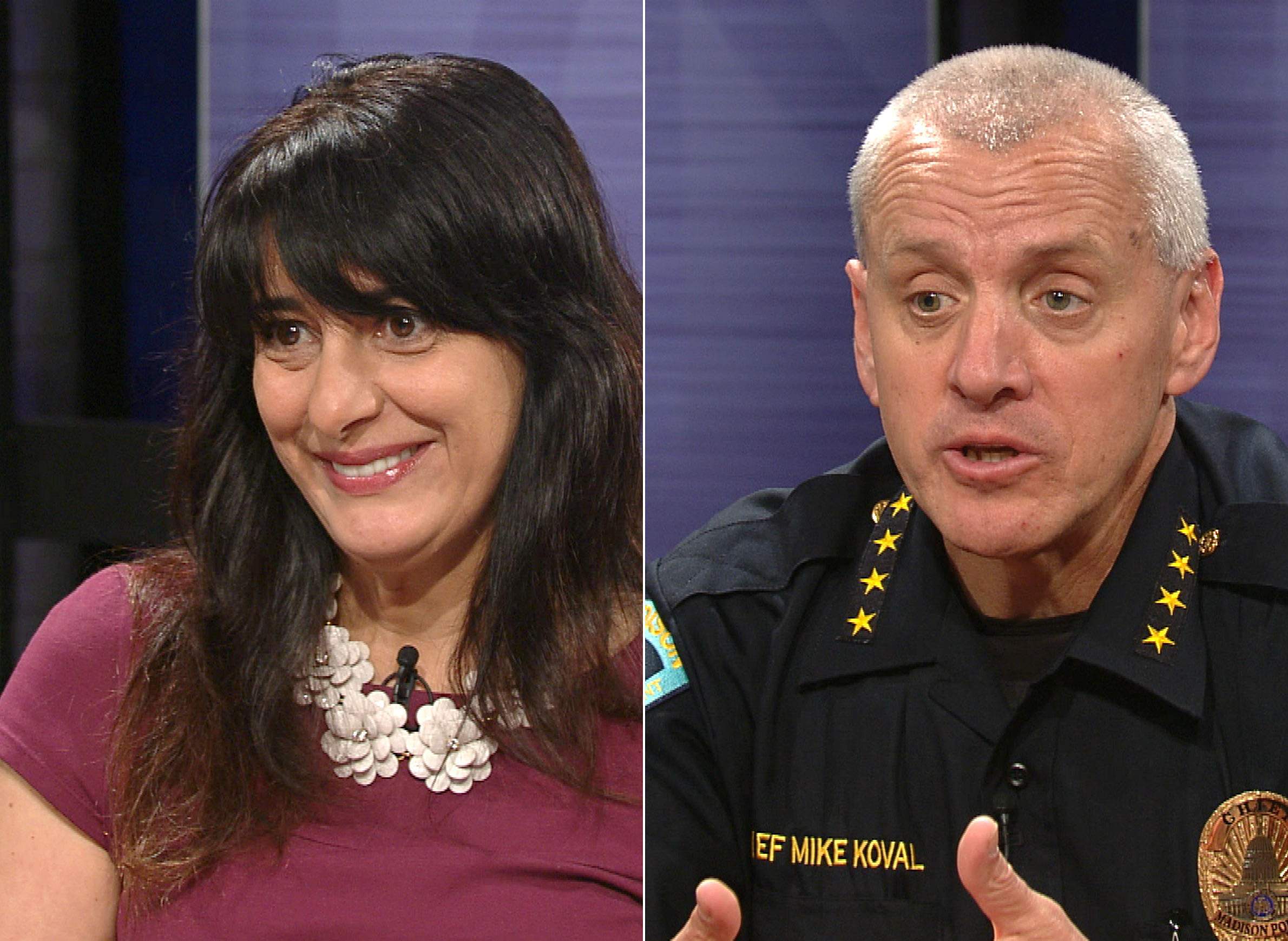 Madison Alder Shiva Bidar-Sielaff (left) and Police Chief Mike Koval (right) speak about police oversight on Wisconsin Public Television's "Here And Now." Madison Alder Shiva Bidar-Sielaff (left) and Police Chief Mike Koval (right) speak about police oversight on Wisconsin Public Television's "Here And Now."