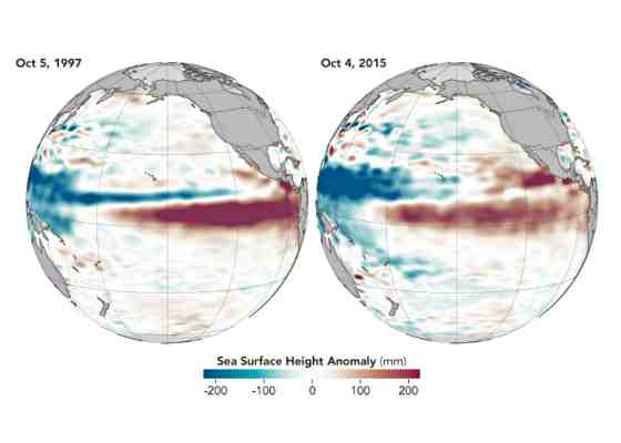 ENSO sea level comparison, 1997 and 2015